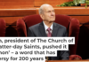 Russell Nelson, center, sits during the Church of Jesus Christ of Latter-day Saints’ biannual General Conference in Salt Lake City in 2019. George Frey/Getty Images